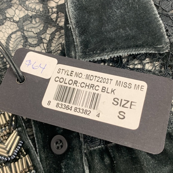 Miss Me Velvet Gray Sleeveless lace button down top shirt beaded Size Small NWT - Picture 8 of 13